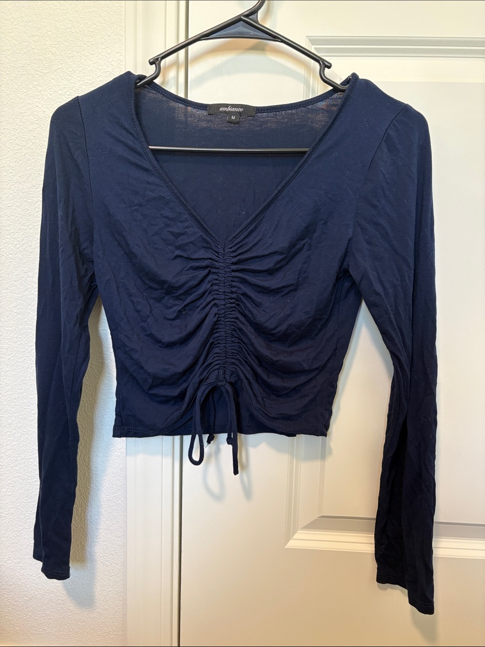 Ambiance Navy Long-Sleeve Ruched V-Neck Crop Top